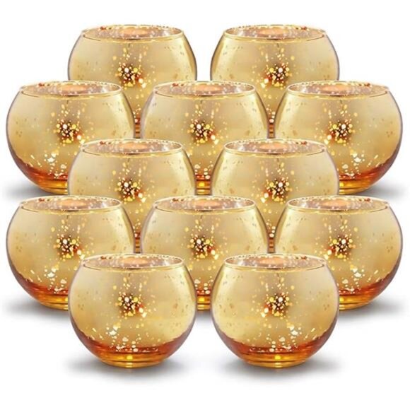 Round Gold Votive Candle Holders, Mercury Glass Candle Holder Set of 12 - Picture 7 of 7